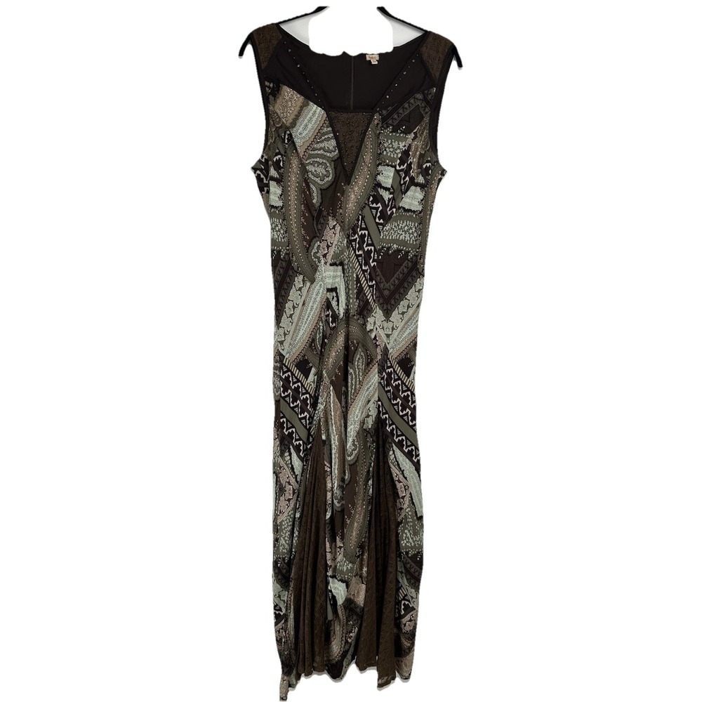 Reba Dress Size 12 Brown Patchwork Bias Cut Beaded Lace Hippie Fairy Grunge